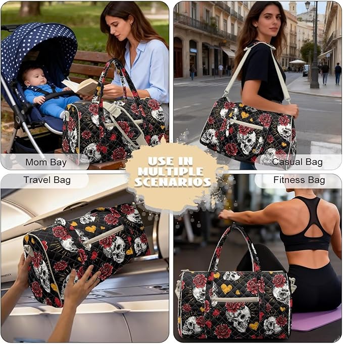 COEQINE Black Red Rose Skull Goth Quilt Duffle Bag for Women Travel Halloween Purses for Womens Quilted Tote Bag For Women Duffel Bag Lightweight Weekend Bag with Zipper Pocket Dance Bag Organizer