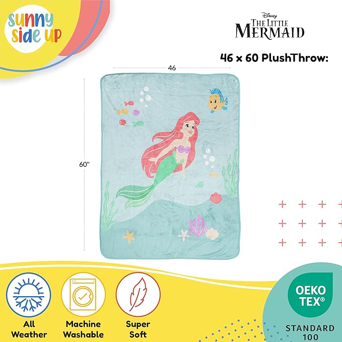 Sunny Side Up Disney The Little Mermaid Plush Throw Blanket - Measures 46 x 60 Inches - Super Soft & Cozy Fleece Kids Princess Bedding Features Ariel