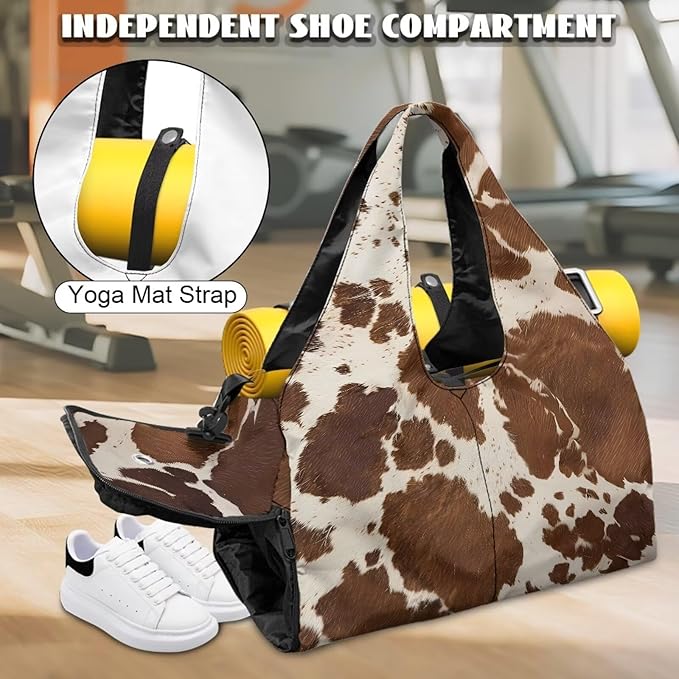 Brown Cow Print Lightweight Gym Bag for Women with Shoe Compartment Sports Carry On Weekender Duffel Bag for Sports, Overnight, Swim, Travel Duffel Bags