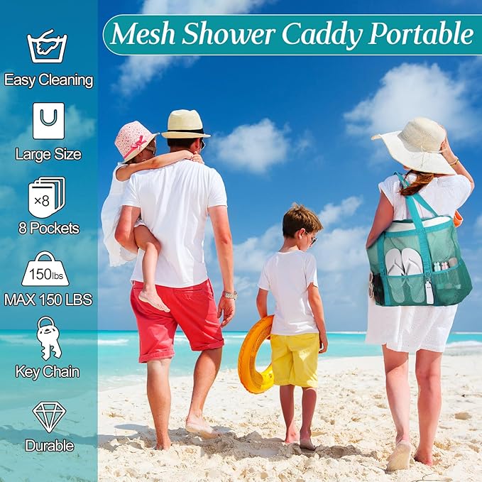 Hillban Large Beach Mesh Bags Bulk for Women Beach Tote Bag with 8 Pocket Zipper Waterproof Sandproof for Pool Cruise Ship