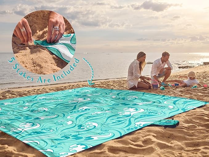 WEKAPO Beach Blanket Waterproof Sandproof Oversized Extra Large Sand Free Beach Mat with Stakes, Storage Bag - Essentials for Outdoor Beach, Picnic (Turquoise Ocean Waves, 11 X 9 FT (1~10 Person))