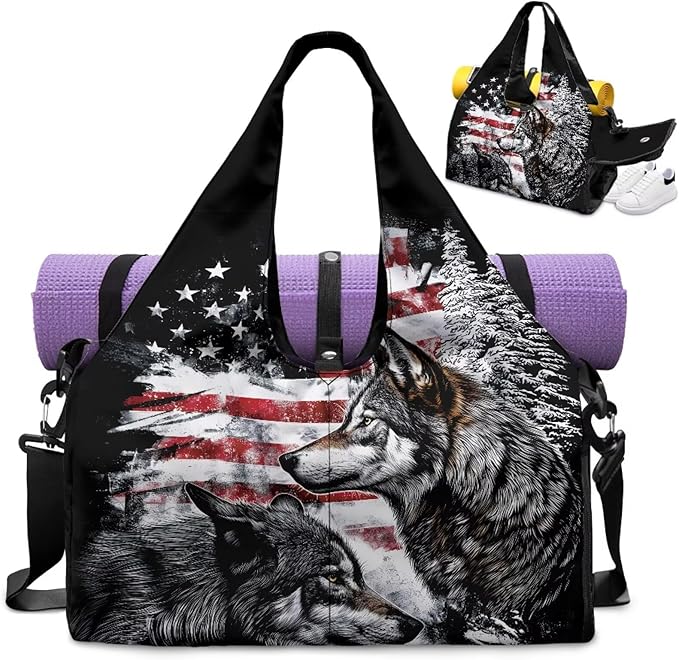 American Flag Wolf Sports Duffel Bag for Men Portable Lightweight Gym Bag with Shoe Compartment and Yoga Mats Holder Zipper Pockets Fitness Stylish Workout Bag for Gym Travel Weekender