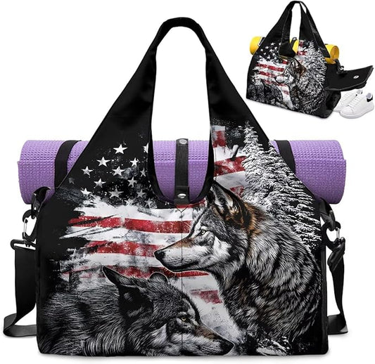 American Flag Wolf Sports Duffel Bag for Men Portable Lightweight Gym Bag with Shoe Compartment and Yoga Mats Holder Zipper Pockets Fitness Stylish Workout Bag for Gym Travel Weekender