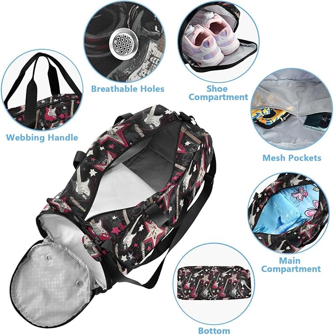 Punk Style Rock Guitar Star Balck Red Boy's Gym Duffel Bag with Shoes Compartment Multifunctional Kids Overnighter Duffel Bags for Travel, Swimming, Dance, Ballet bolsa para hombre