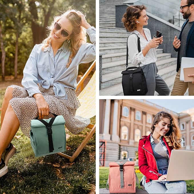 MIER Insulated Lunch Bag Roll Top Lunchbox for Women Men Adults Foldable Rolltop Lunch Tote with Shoulder Strap for Work Office Picnic, Water Bottle Holder, Black