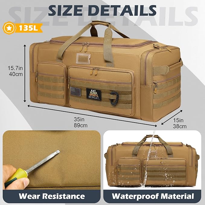 135L Large Duffle Bag, Heavy Duty Duffle Bag for Travel, Extra Large Sports Gym Equipment Bag for Soccer Baseball Basketball Hockey Football, Brown