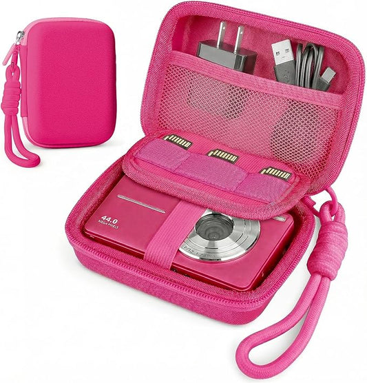 Digital Camera Case for CAMKORY/KODAK PIXPRO FZ45/FZ55/Canon IXUS 285 HS/AbergBest/Sony DSCW800/DSCW830 - Small Travel Compact Camera Holder with Mesh Pocket for SD Card & Accessories (Fuchsia)