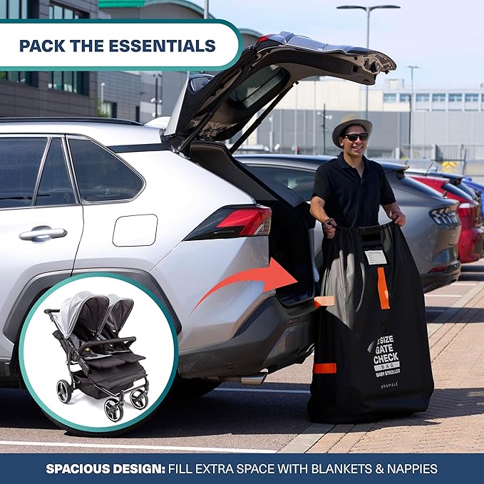 Bramble Extra Large Gate Check Stroller Bag for Airplane | 600D Oxford, Waterproof, Padded Adjustable Strap Single & Double Stroller Travel Bag for Airplane - Black