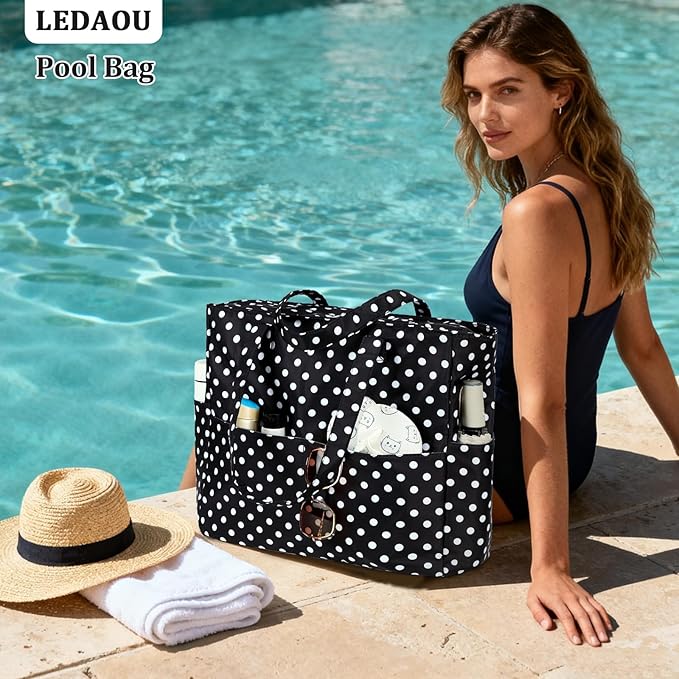 LEDAOU Large Beach Bag Women Waterproof Sandproof Zipper Beach Tote Pool Bag for Swim Gym Grocery Travel with Wet Pocket | Waterproof, Sandproof, Zipper, Pool, Gym, Grocery