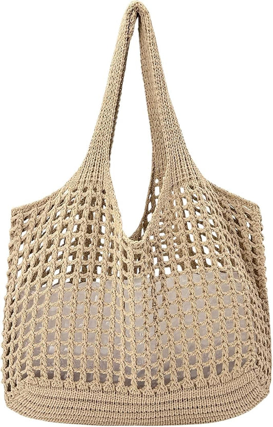 ENBEI Women Foldable Beach Tote, Washable Lightweight Beach Bag, Eco-Friendly Knit Shoulder Purse for Travel/Shopping/Gifts