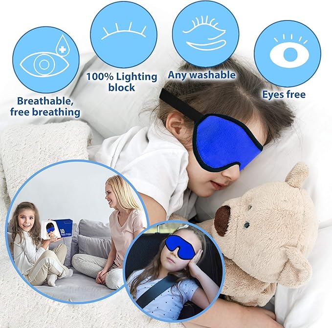 3D Sleep Mask for Kids, Light Block Sleeping Blindfold Memory Foam Contoured Eye Mask for Sleep, Adjustable Strap Eye Cover and Travel Sleep Mask for Boys Girls, Dark Blue