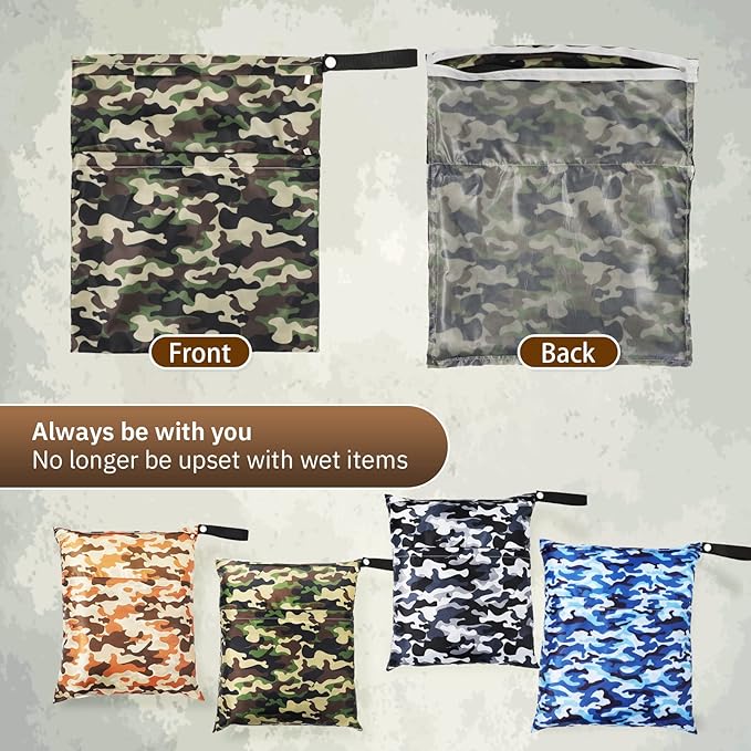 Frienda 4 Pieces Wet Dry Bag for Baby Waterproof Reusable Washable Diaper Bag Sealed with Handle for Travel, Beach, Swimsuit, Diapers, Dirty Gym Clothes and Toiletries (Camouflage)