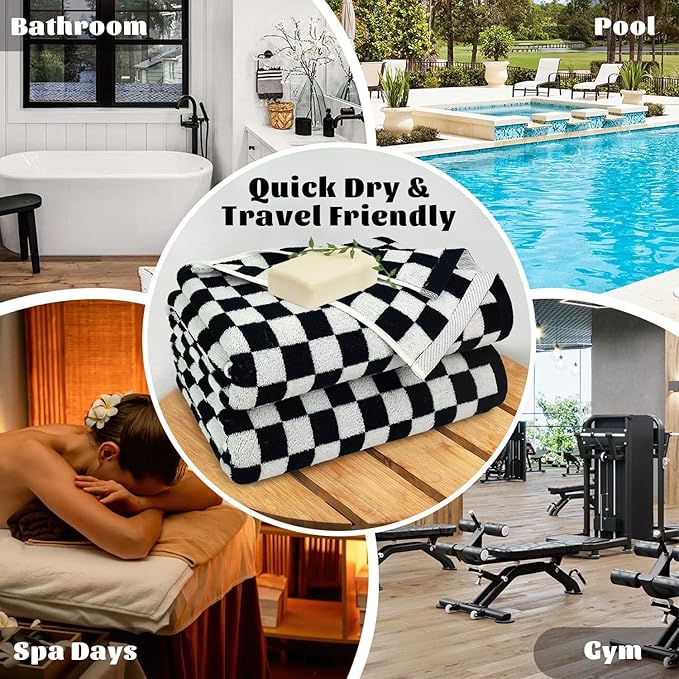 Jacquotha Black & White Checkered Cotton Bath Towels Set of 2 - Cute Aesthetic Towels for Bathroom Decor, Pool, Beach, Spa, 27.5" x 55"