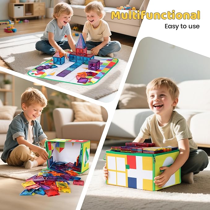 Magnetic Tiles Storage Bin & Interactive Playmat - Foldable Toy Organizer for Magnetic Tile, Portable Storage with Handles,12.6x11.4x7.7in Play Space for Home, Travel, Classroom