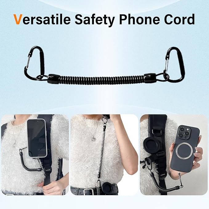Magnetic Phone Belt Clip Holder with Anti-Theft Lanyard, Hands-Free Phone Clip for Backpack Belt Strap Hiking Outdoor, Compatible with MagSafe iPhone & Android with Metal Ring – BlackP