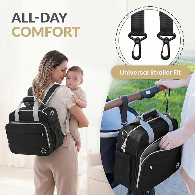 Mellories 4 in 1 Convertible Diaper Bag Tote For Baby Boys and Girls - Converts Into Diaper Backpack, Baby Tote, Stroller Bag and Crossbody Diaper Bag - Black Baby Travel Bag - Gift for Mom