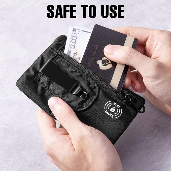 RFID Blocking Clip Stash Pocket, Compact Hidden Travel Belt Wallet for Cards & Cash - Slim Pickpocket-Proof Design for Everyday Carry (Black, Medium)
