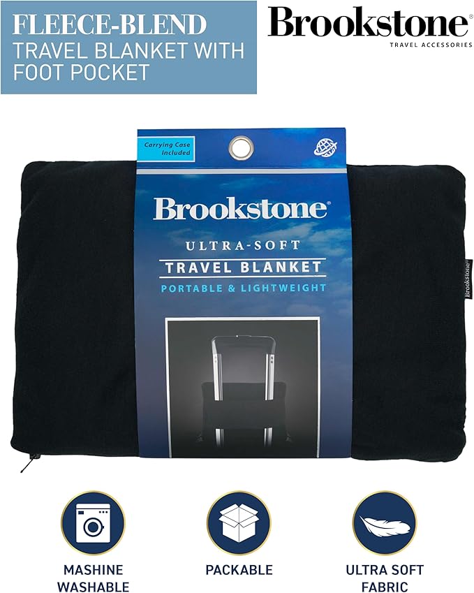Brookstone Travel Blanket - 2-in-1 Jersey Knit Lightweight Throw Blanket with Carrying Pouch, Airplane & Car Travel Essentials, Black