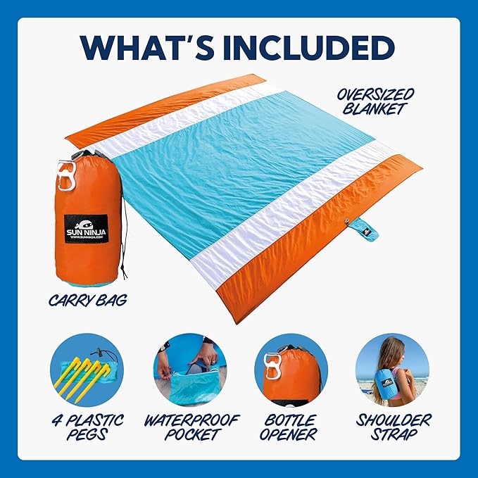 SUN NINJA Sand Proof Beach Blanket - Sand Free Beach Mat, Lightweight & Quick Dry Beach Essentials with Travel Bag, Giant Beach Blanket (10'x9') Perfect for Outdoors, Picnic, Camping & Travel