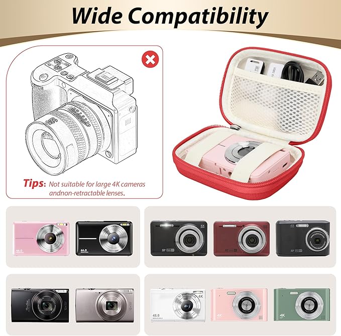 Digital Camera Case for CAMKORY, KODAK PIXPRO FZ45/FZ55, Canon IXUS 285 HS, Lecran, Small Travel Compact Camera Holder with Mesh Pocket for Accessories SD Card (Tomato Red)