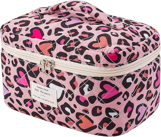 uekeboag Large Travel Quilted Makeup Bag for Women, Floral Cotton Cosmetic Bag, Coquette Aesthetic Floral Toiletry Organizer Bag