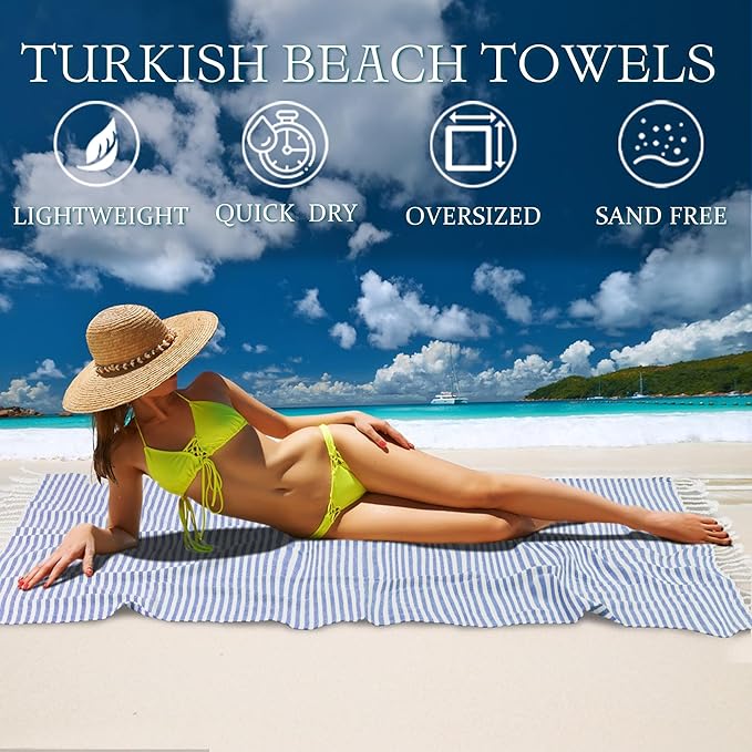 Turkish Striped Beach Towels Bulk Oversized 39"x71" Large Bath and Pool Set Quick Dry Lightweight Travel Towel for Adult,100% Cotton TEBT-18-1navy