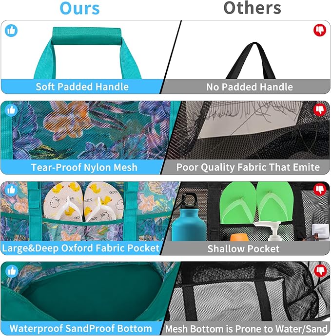 KABAQOO Mesh Beach Bag, Extra Large Beach Bags with 9 Pockets & Zipper Waterproof Lightweight Beach Tote for Beach/Pool Trip | Extra Large, 9 Pockets, Zipper, Waterproof, Lightweight, Beach/Pool Trip
