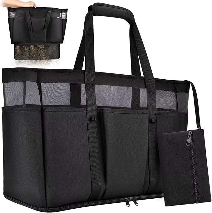 Large Beach Bag with Zipper, 12 Pockets Waterproof Sandproof Pool Bag Womens Mesh Beach Tote Bag for Travel Vacation