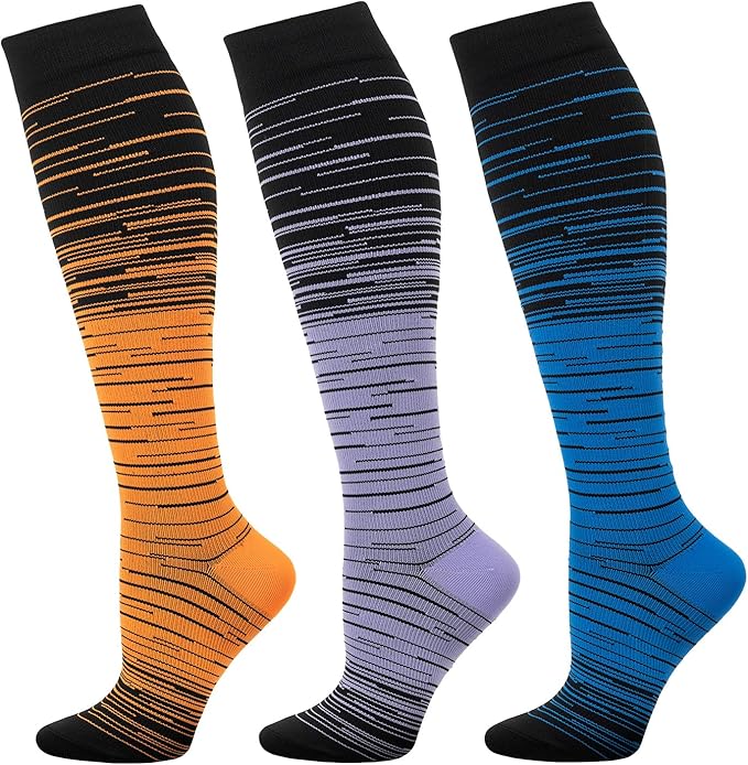 fenglaoda 3 Pairs Compression Socks for Women & Men Knee High Nurse Pregnant Cute Medical Running Travel Athletic