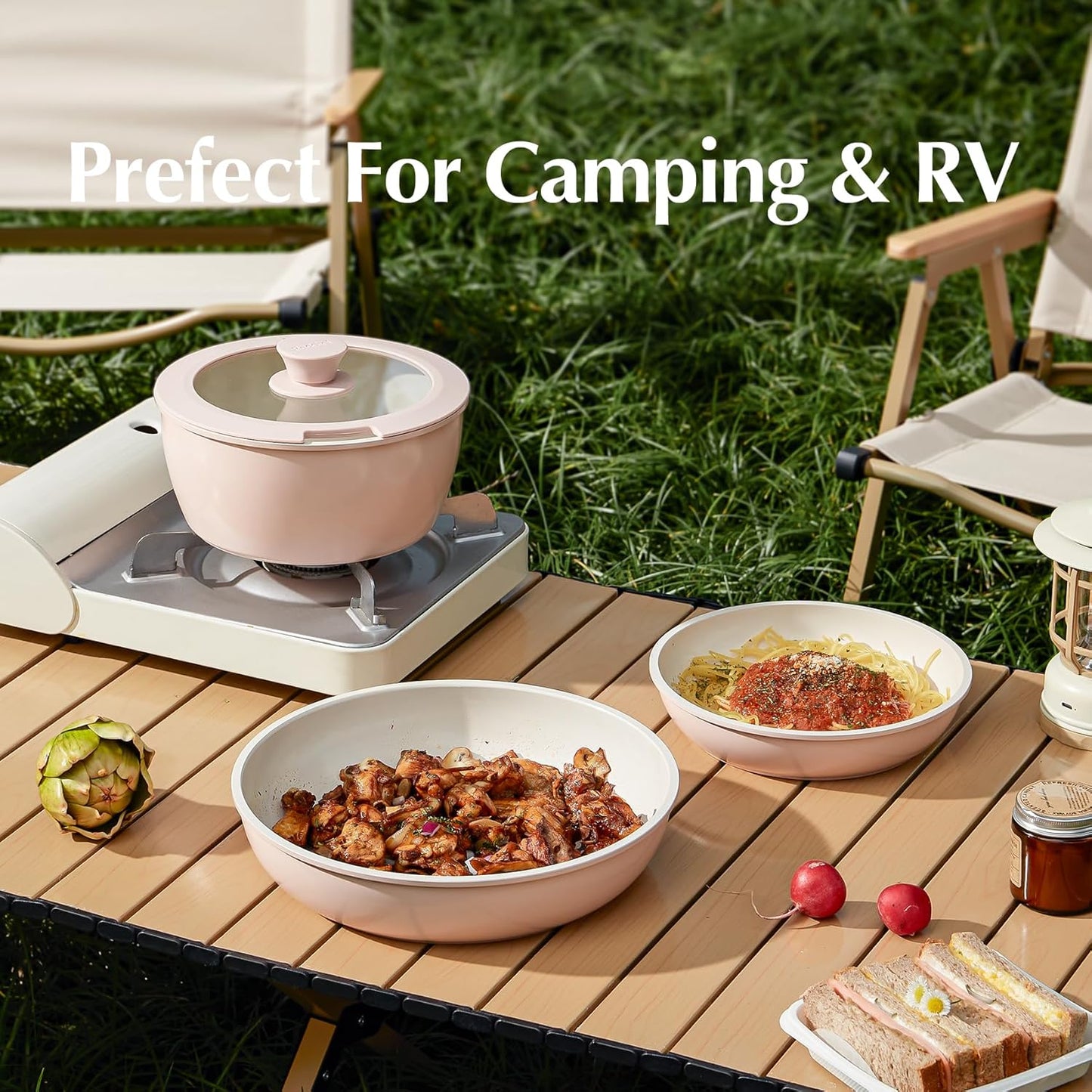 Redchef 16pcs Ceramic Pots and Pans Set Non Stick, Nonstick Kitchen Cookware Set with Detachable Handle, Non Toxic, PFAS PFOA & PTFE Free, RV Cookware Set for Camping, Dishwasher/Oven Safe (Pink)