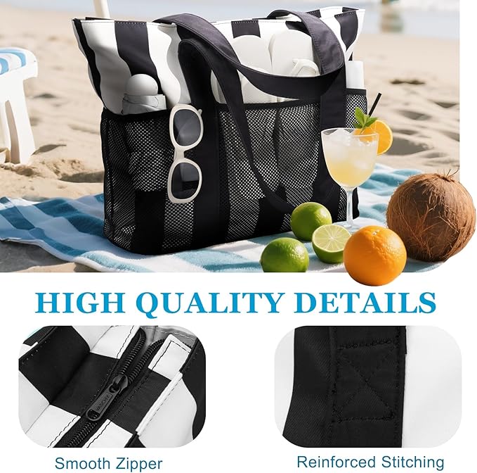 VASCHY Beach Bag for Women, Foldable Waterproof Sandproof Beach Tote with Zipper/Mesh Pockets for Vocation/Cruise/Gym/Travel