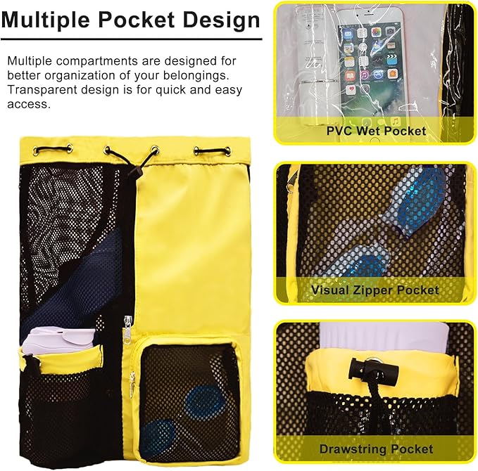 Mesh Beach Backpack with Wet Pocket Drawstring Pool Bag Waterproof Swimming Bag Gym Backpack for Men & Women