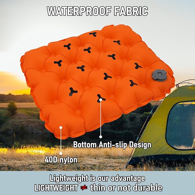 Inflatable Seat Cushion, Lightweight Stadium Seat Pad, Travel Air seat Cushion Anti-Slip for Airplane, Hiking, Climbing, Home and Camping,Orange