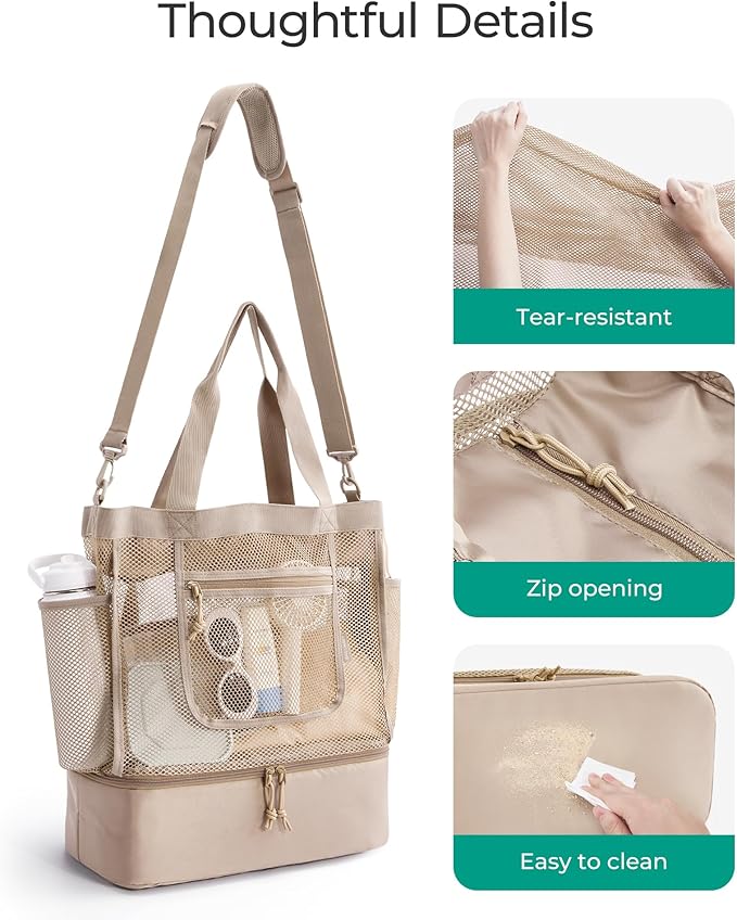 BAGSMART Beach Bag for Women, Mesh Tote Bags with Zipper, Sandproof Vacation Essentials with Cooler for Swim Cruise Pool