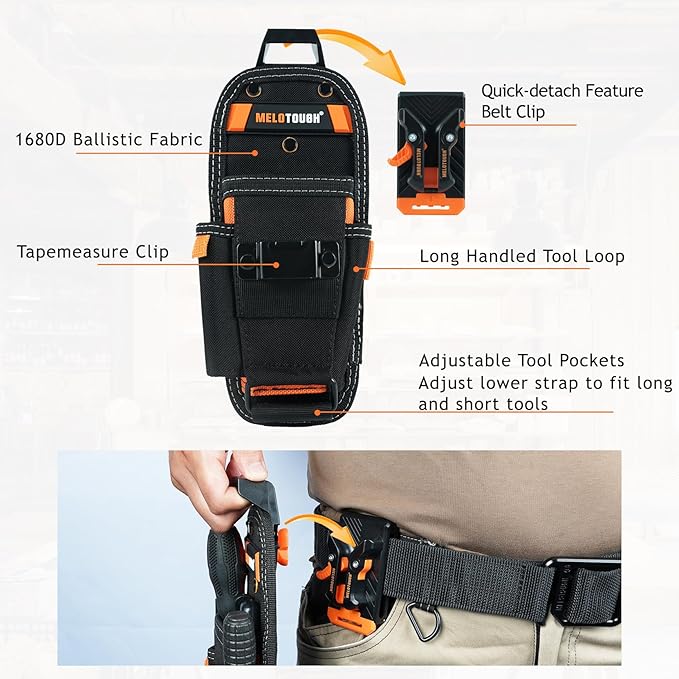 MELOTOUGH Small Tool Pouch with Quick Release Belt Clip,Clip On Tool Belt Pouch with Electrician Tapemeasure Clip, Mini Work Organizer Tool Holster and Knife Tool Holder Pouch
