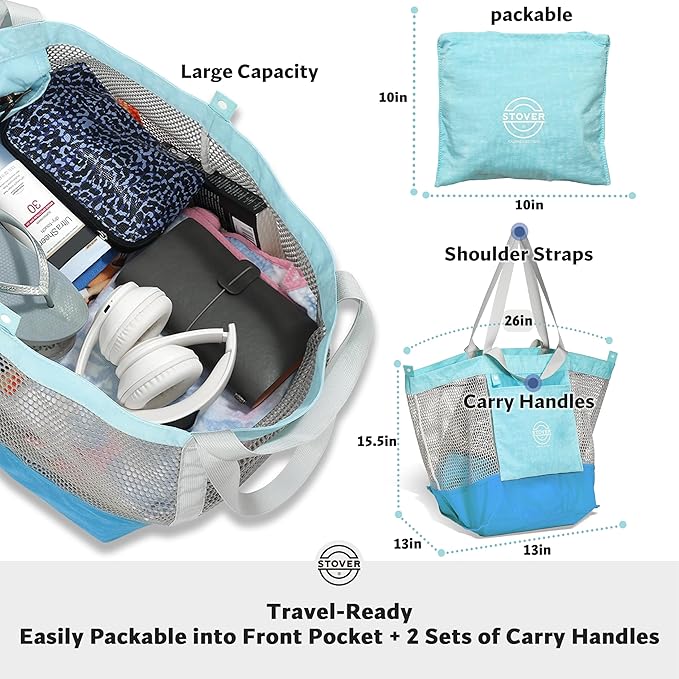 STOVER Extra Large Mesh Beach Bag, Vacation, Pool, Shopping & Travel Tote - Foldable w/Storage Pouch & Pockets for Women, Men