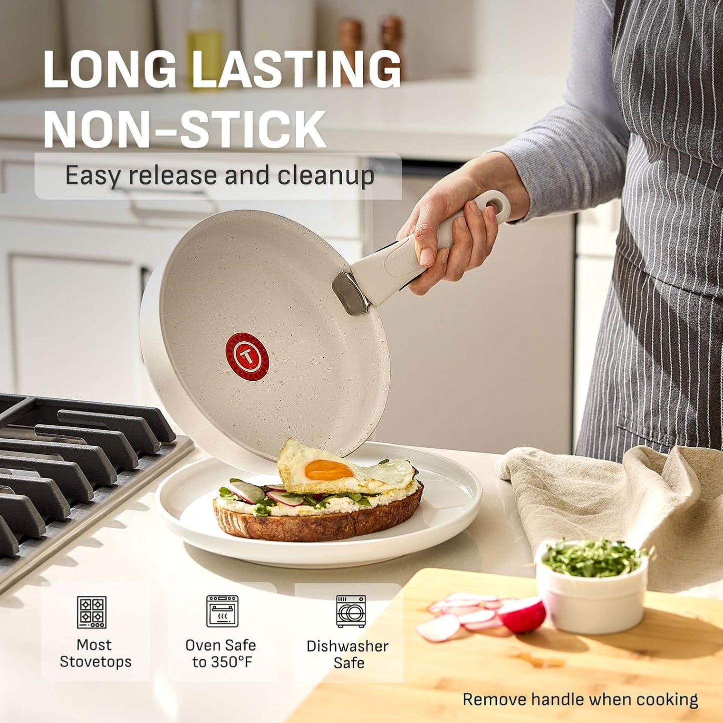 T-fal Ingenio Essentials Cookware Set with Detachable/Removable Handle 11 Piece, Granite Titanium Non Stick, Oven Broiler Safe 500F, Stackable, Pots and Pans Set, Frying Pans, Dishwasher Safe, Beige