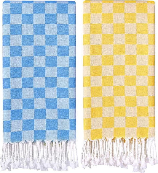 2 Packs Cotton Turkish Beach Towels Quick Dry Sand Free Oversized Pool Swim Plaid Towel Extra Large Xl Big Blanket Travel Essentials Cruise Accessories Must Haves Clearance Vacation Stuff Yellow Blue