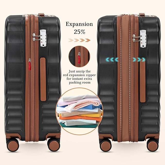5 piece Luggage Set Expandable Suitcase 22x14x9 Airline Approved Carry on, ABS Hard Case Suitcases with Spinner Wheels, TSA Lock (Black)