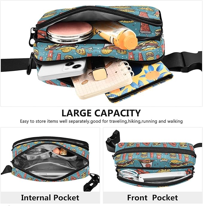 Funny Hamburger French Fries Fanny Pack for Women Men Water Resistant Fashion Waist Packs with Adjustable Strap Belt Bag for Travel Workout Jogging Hiking 21220314