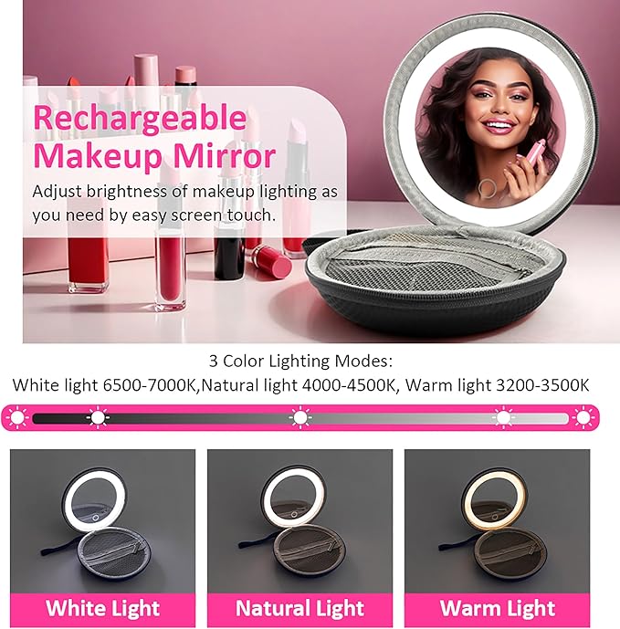 LED Makeup Mirror with Storage Pouch Portable Lighted Mirror, USB Rechargeable Travel Vanity Mirror with Waterproof Bag, 3 Color Modes, Gift for Women (Black)