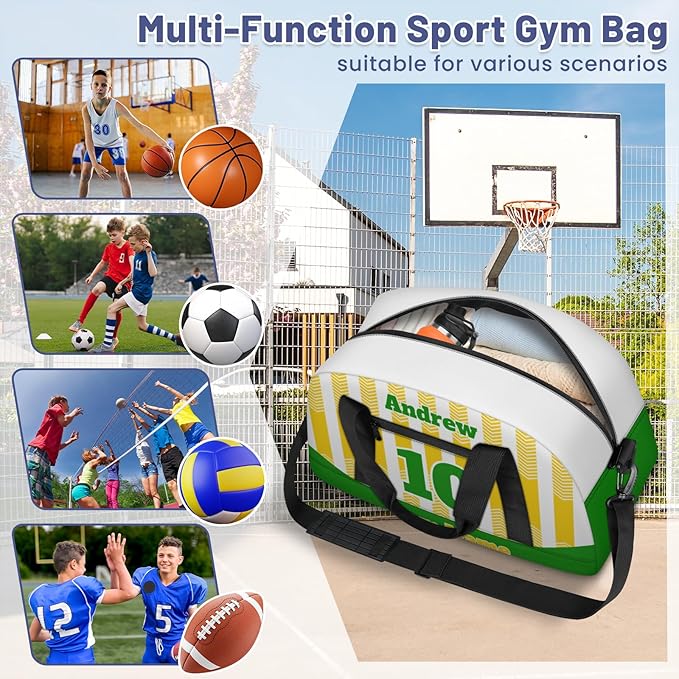 Basketball Soccer Gifts for Boys Girls - Custom Sports Duffle Bag, Personalized Name & Team Bag, Water-Resistant Gym Bag for Basketball, Soccer, Volleyball | Y-Yellow Green