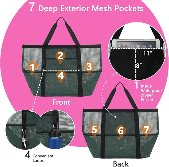 Mesh Beach Bag, Large Beach Tote with Zipper Pocket, Toys Pool Bag for Family Travel Vacation Cruise Essentials