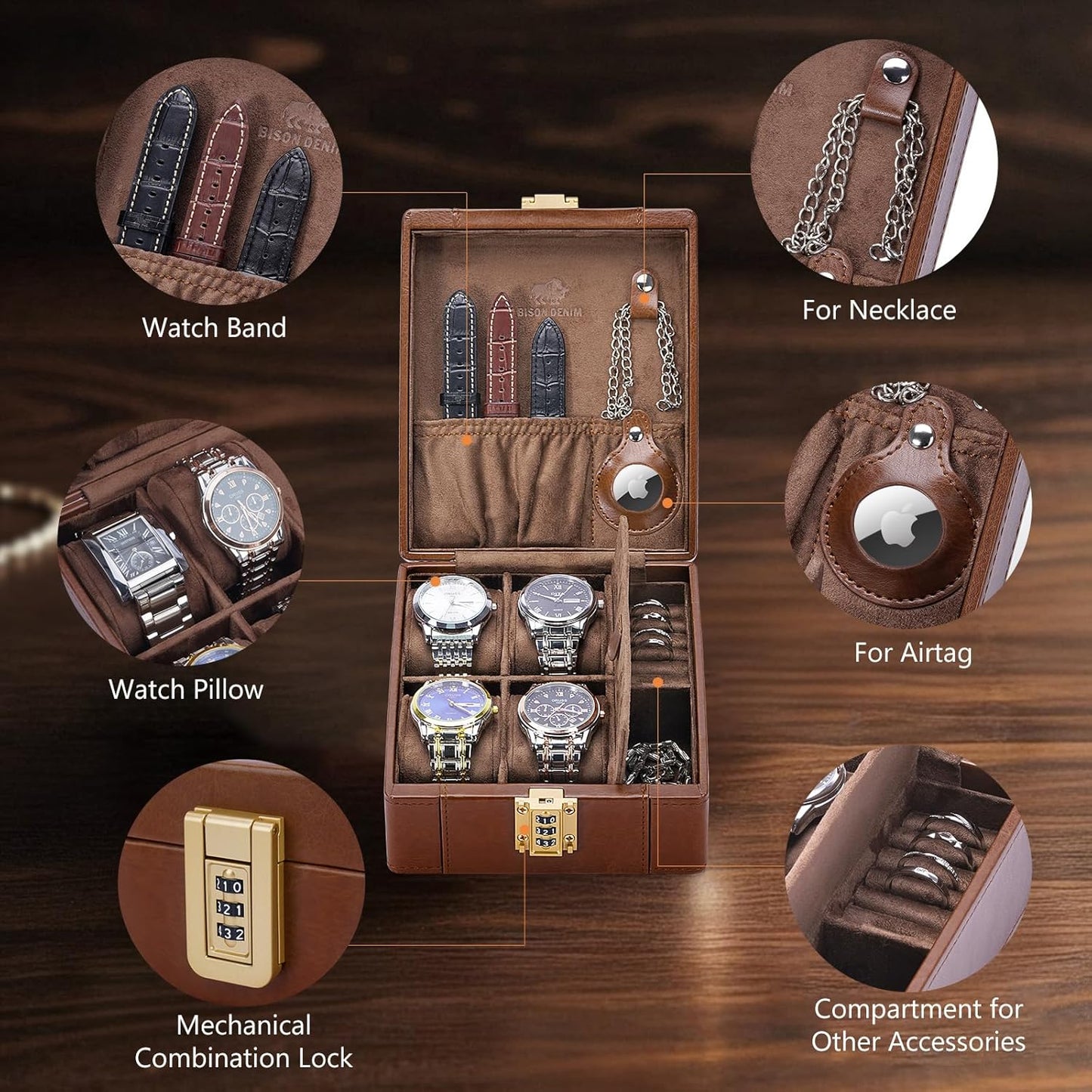 BISON DENIM Watch Box, 4 Watch Travel Case with Combination Lock - PU Leather Men's Watch Storage Box & Jewelry Organizer with Ring Slots & Necklace Hooks, Secure Travel Case, Brown