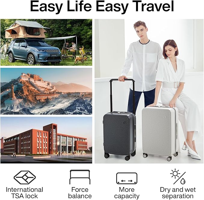 mixi Carry On Luggage Airline Approved 20'' Lightweight Luggage Wide Handle PC Hardshell Suitcases with Spinner Wheels & TSA Lock, Smoke White