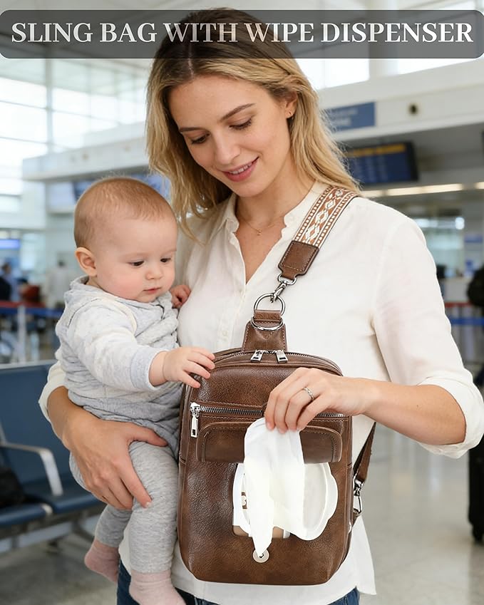 MYHOZEE Small Diaper Bag Crossbody Sling Purse for Women - 2 in 1 Leather Backpack with 2 Straps for Short Trips Work Daily | Mini diaper bag, Instant Wipes pocket, Adjustable Straps, Credit card slot, Moms and dads, Reusable Wipe pouchs