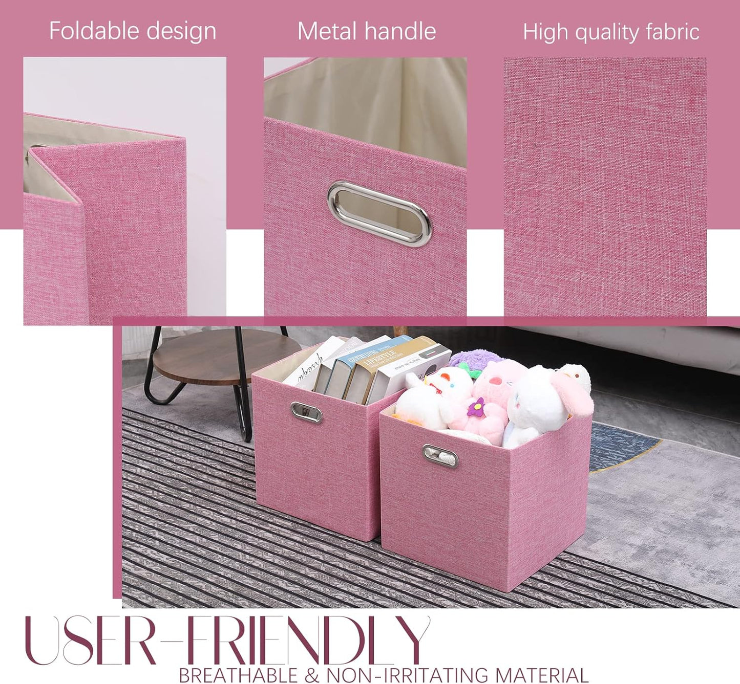 Pink Cube Storage Organizer Bins 13x13x13 Inch, 4 Pack Collapsible Organization Baskets with Handles, Thick Fabric Foldable Storage Boxes for Kallax Shelf Bookcase Closet Cabinet