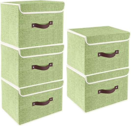 TYEERS Foldable Storage Boxes with Lids 5 Pack Fabric Storage Bins with Lids, Closet Organizers for Clothes Storage, Room Organization, Office Storage, Toys - Green