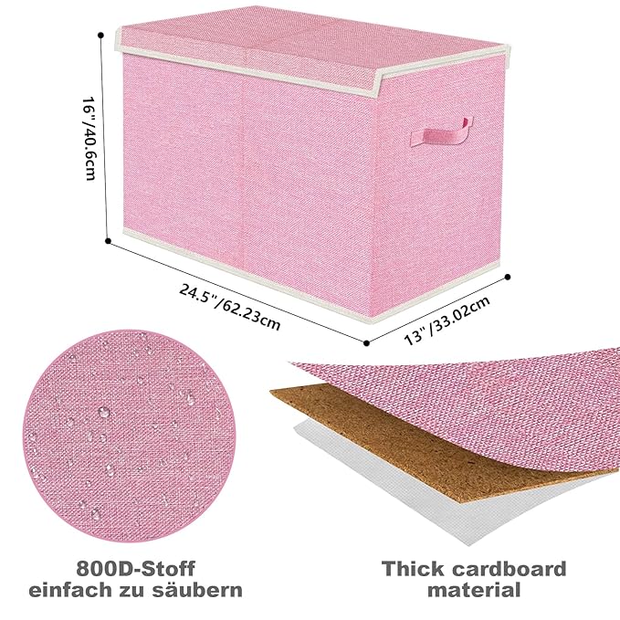 VERONLY Large Collapsible Toy Storage Box with Lid & Handles - Kids Organizer Chest for Toys, Clothes, Blankets (Pink, Nursery, Playroom, Bedroom)-24.5''×13''×16''