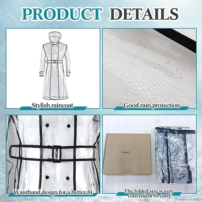 Waterproof Portable Raincoat Clear Raincoats for Women Reusable EVA Rain Resistant Poncho with Hoods and Belt